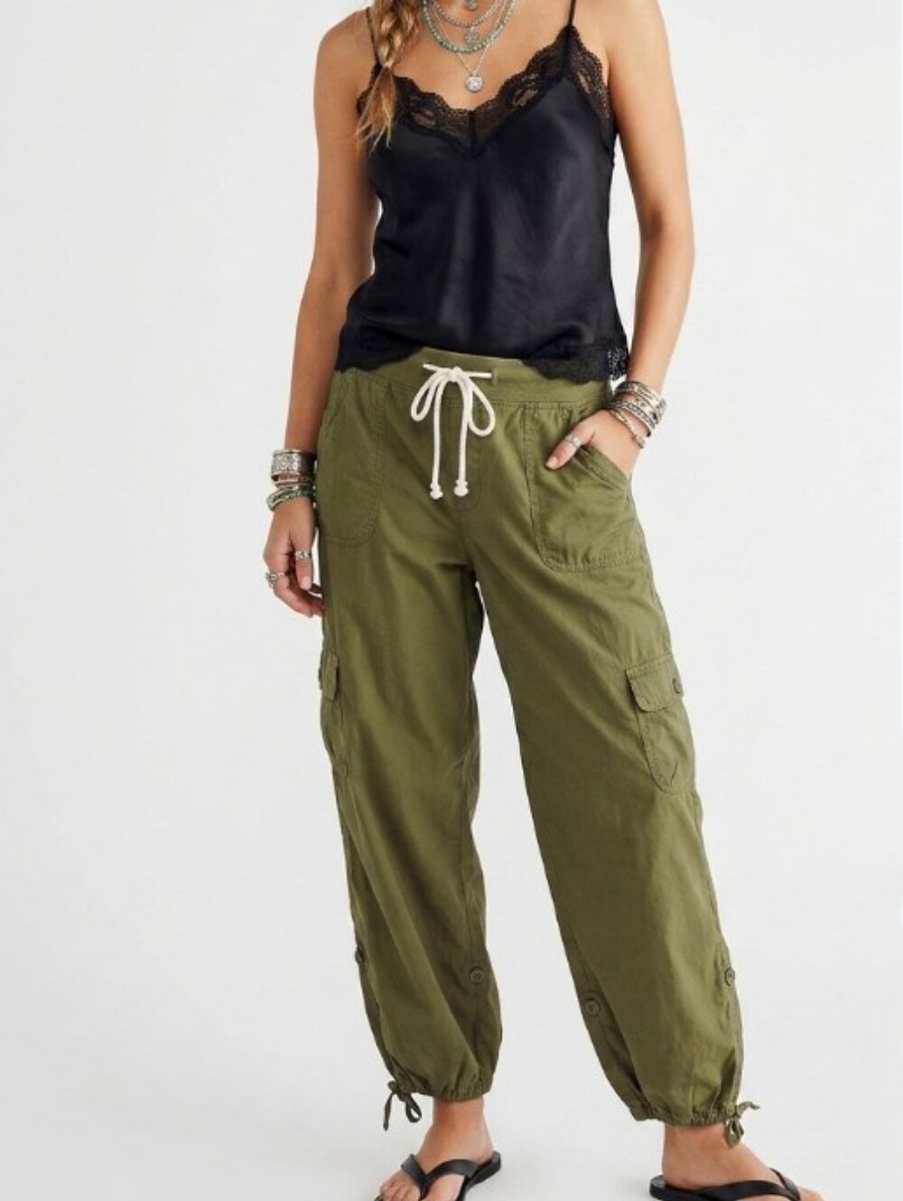 100% Cotton Olive Cargo Pants Drawstring. Cuff Detailing For Various Looks Y2K